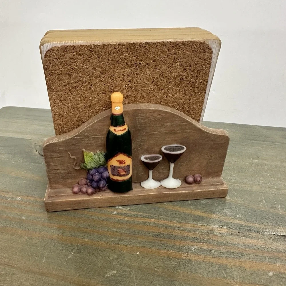 3D Wine Theme Set Of 4 Coasters Resin Holder Grape Vineyard Cork Backing